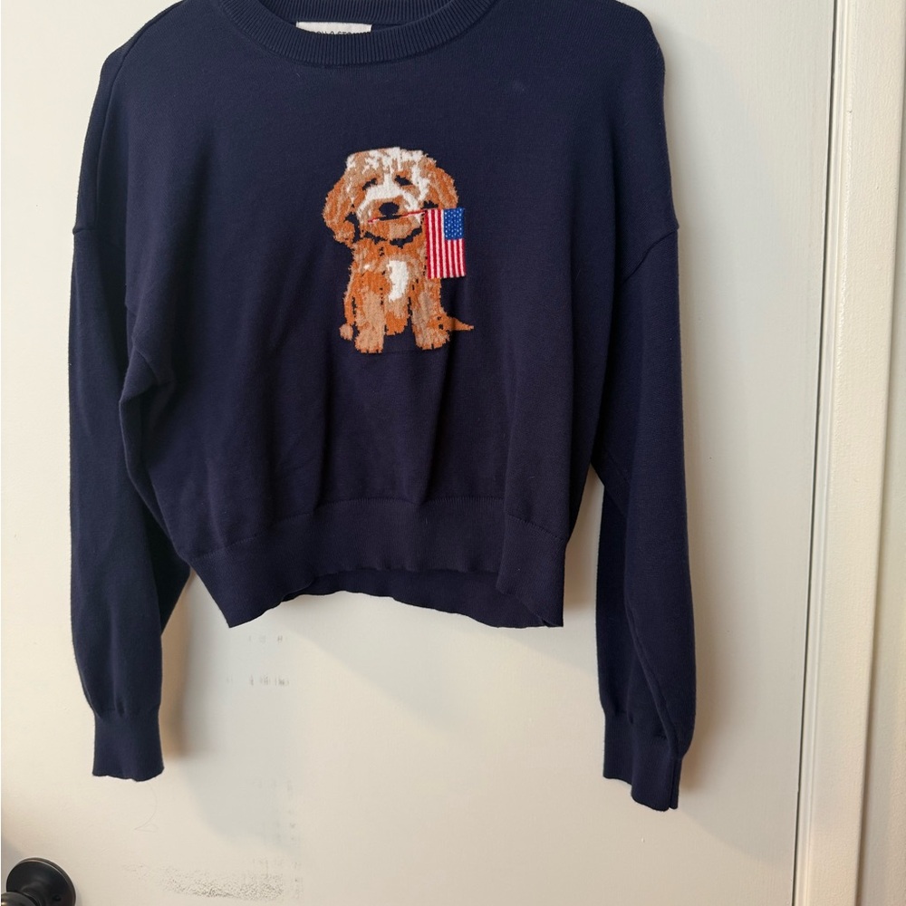 Charming Navy Sweater with Embroidered Dog and Flag